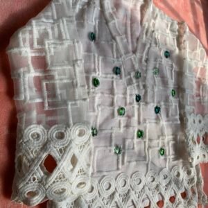 White net shirt with emeralds green stones